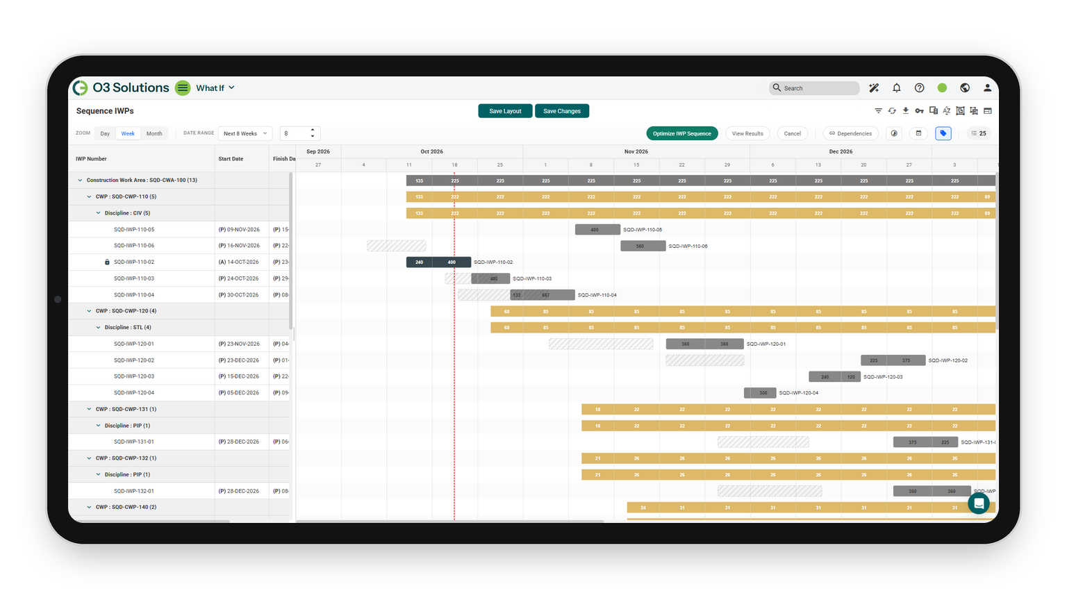 Sequence IWPs Gantt view in O3 ONBuild showing IWPs grouped by construction work area, construction work package and discipline, with proposed start dates